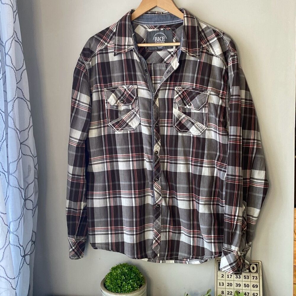 BKE relaxed fit Pearl‎ snap mens plaid shirt size large western fair rodeo brown